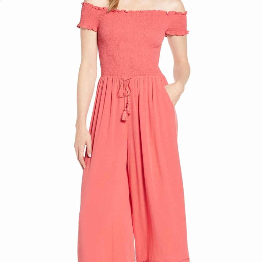 1 state off shoulder smoked bodice jumpsuit
